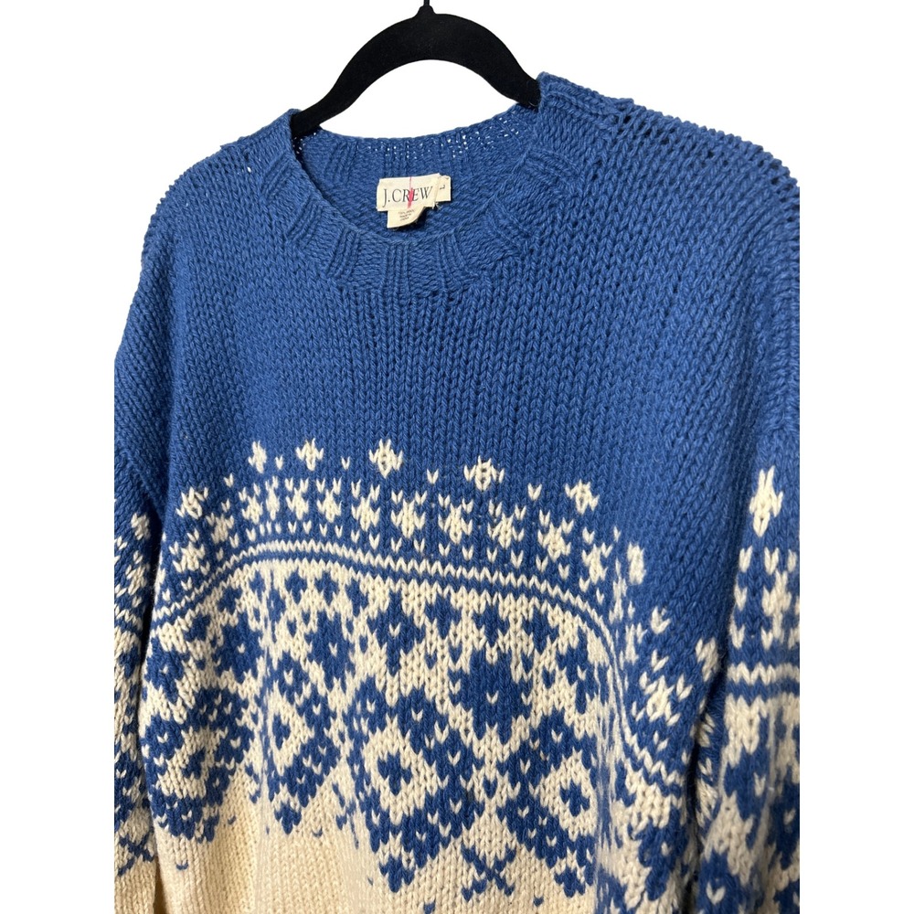 VTG J. Crew 100% Wool‎ Nordic Fair Isle Blue Cream Knit Sweater Mens Size Large